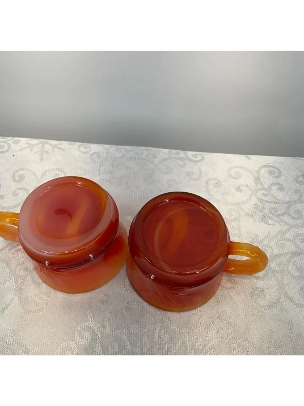 Vintage Amberina Cadmium Glass cups Set/2 UV Reactive Red Orange Starburst
